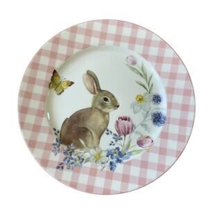 Grace Teaware Bunny Floral Pink Gingham 8in Side Salad Plates Set of 4 NEW